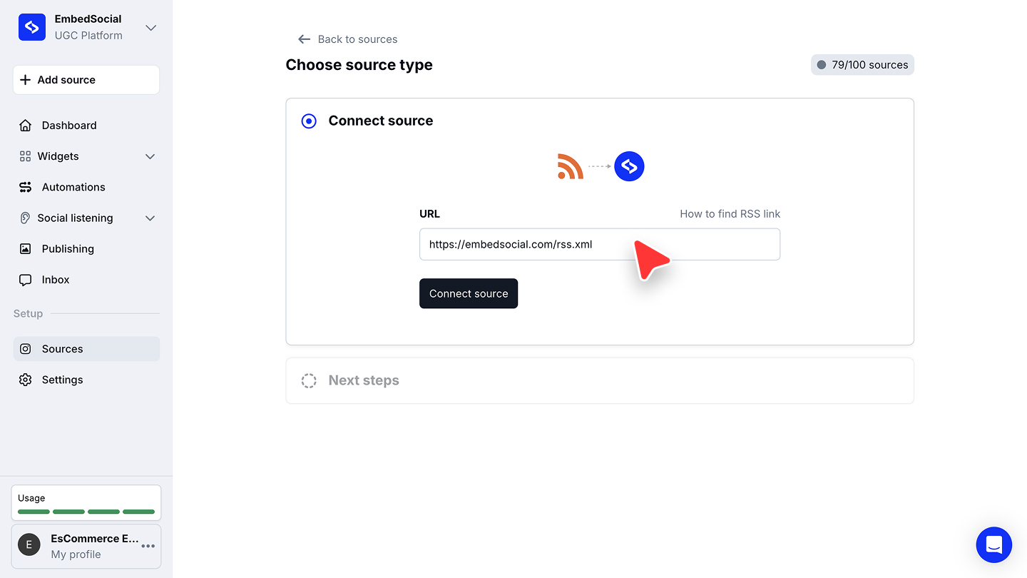 URLフィールドが入力された状態のConnect sourceステップとConnect sourceボタン