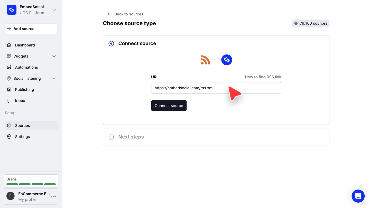 The Connect source step with the URL field filled in and the Connect source button