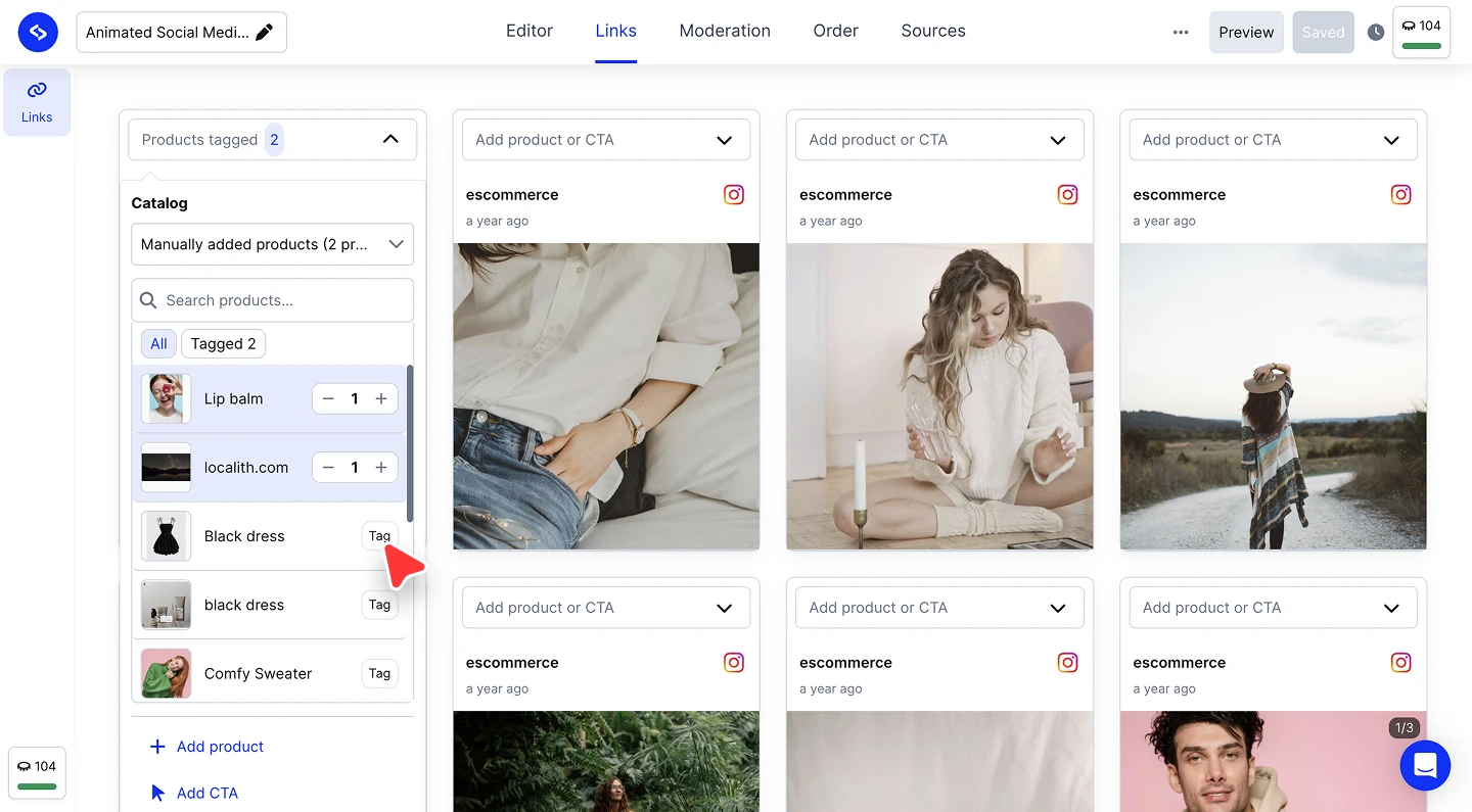 The Links tab with the product panel open, the catalog selected, and Tag buttons next to each product