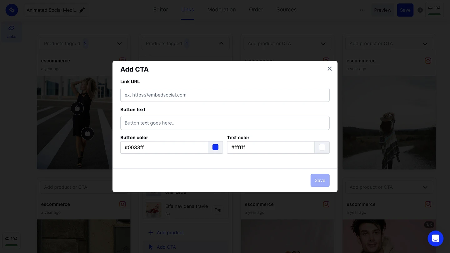 The Add CTA modal with the Link URL, Button text, Button color and Text color fields
