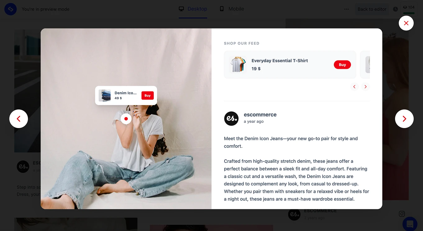 The open post with the expanded product tag on the photo and the tagged products listed beside it with Buy buttons