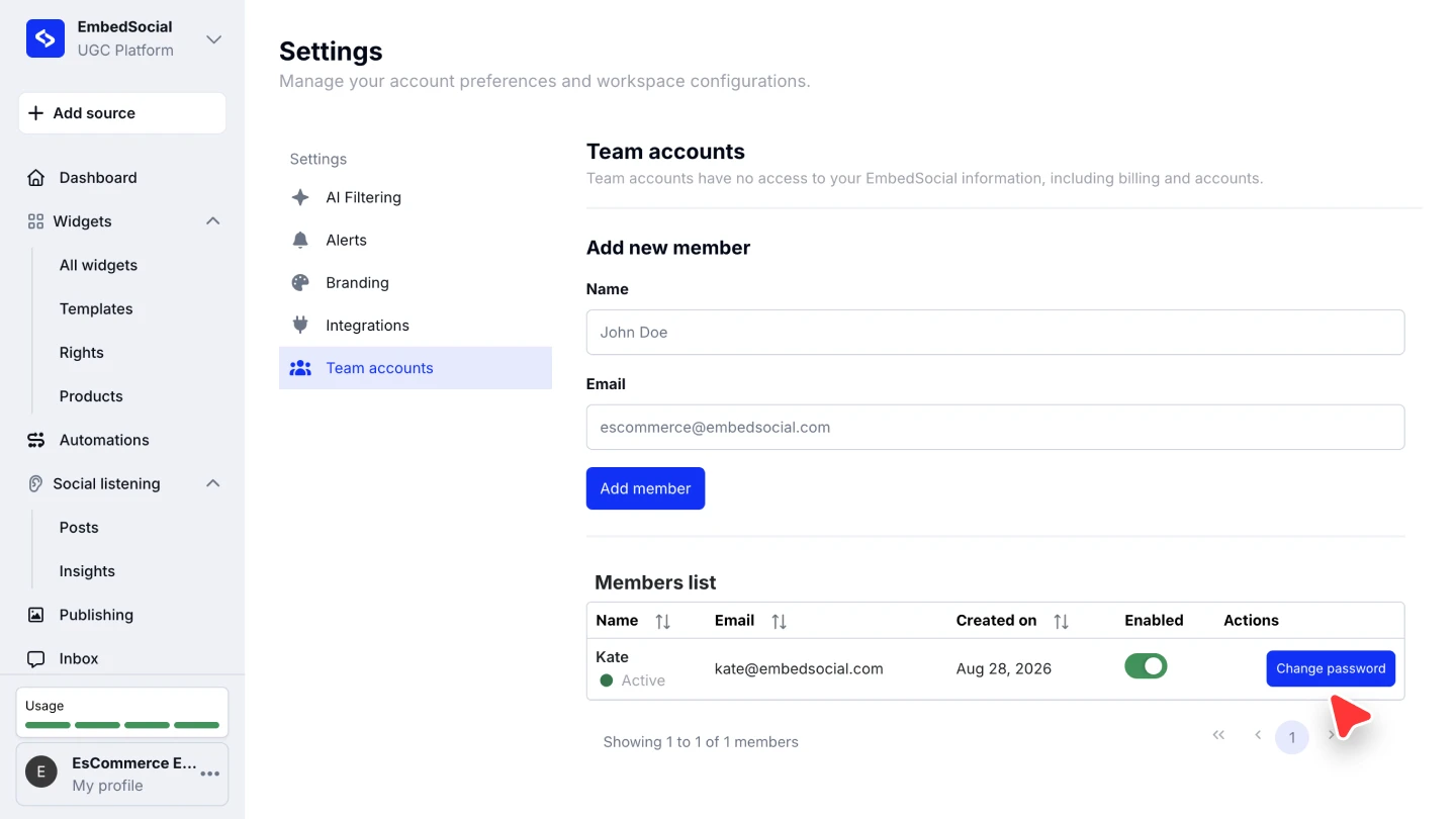 The Team accounts settings page showing an added member and the Change password action