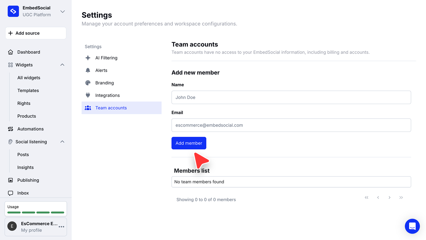 新しいメンバーを追加するTeam accountsの設定ページ