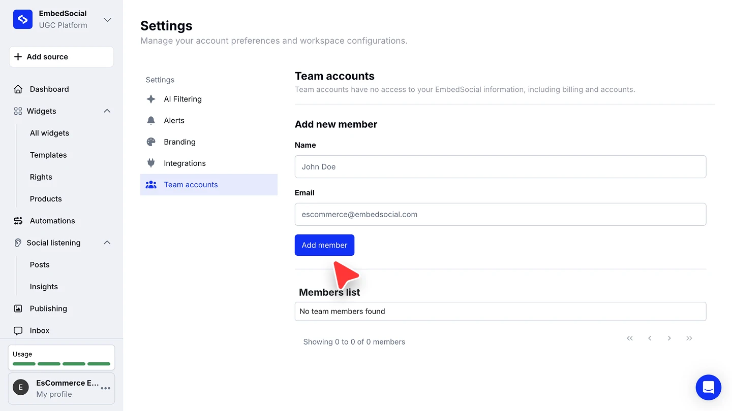 The Team accounts settings page for adding a new member