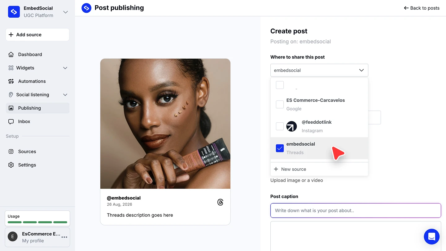 The account picker with the Threads account ticked and the Threads post preview beside it
