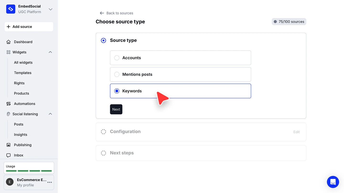The Choose source type screen with Accounts, Mentions posts and Keywords as the options