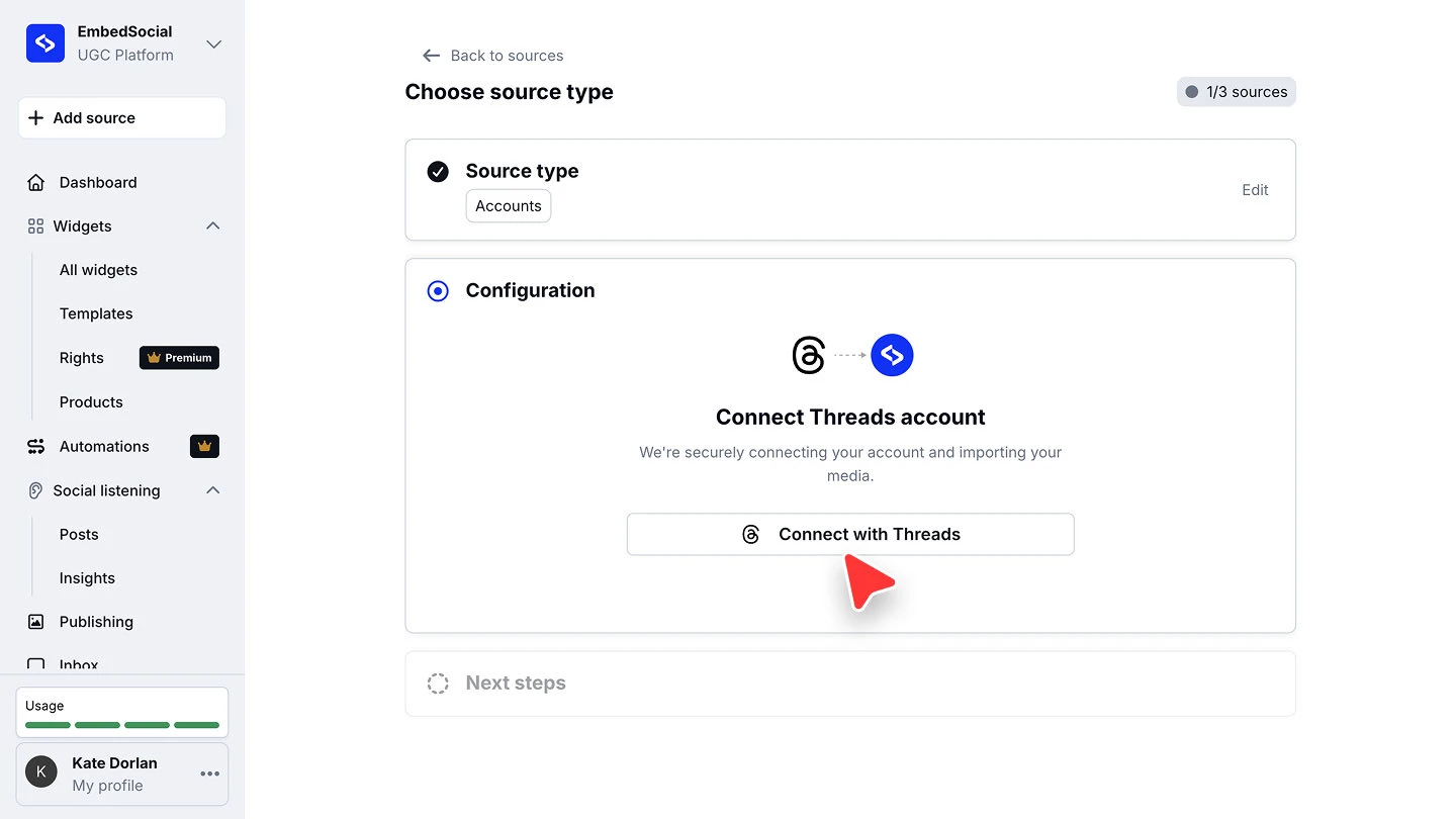The Configuration step showing Connect Threads account and the Connect with Threads button