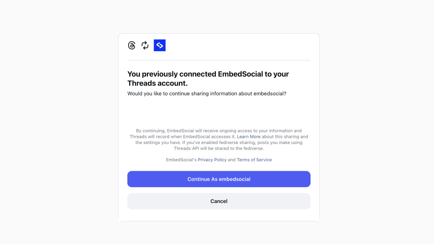 アカウント接続時に表示されるThreadsの権限画面