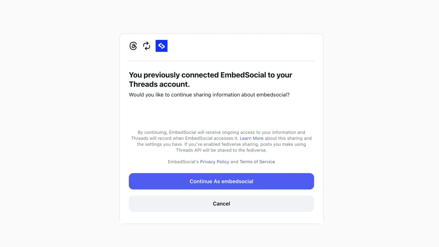 The Threads permission screen shown while connecting the account