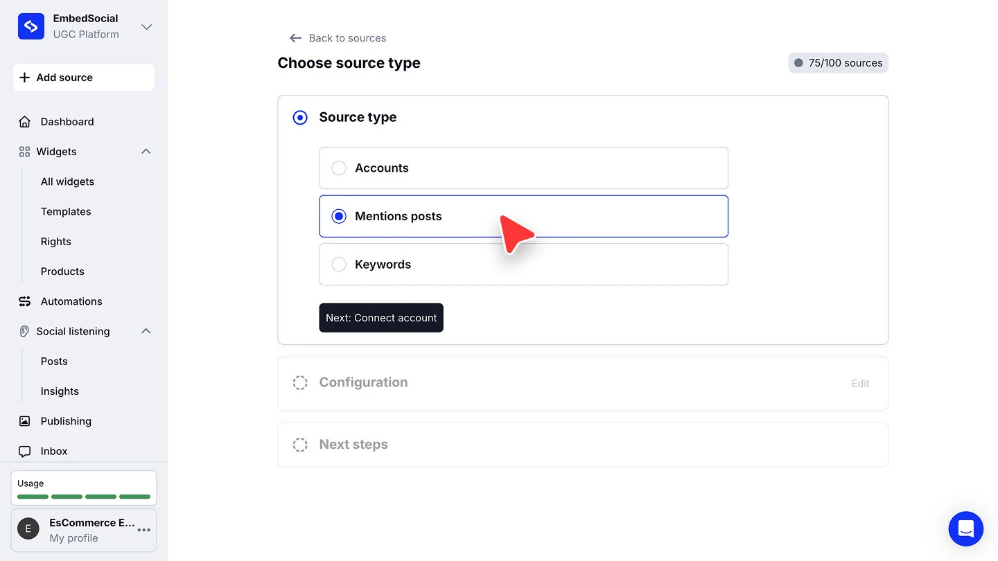 The Choose source type screen with Mentions posts selected