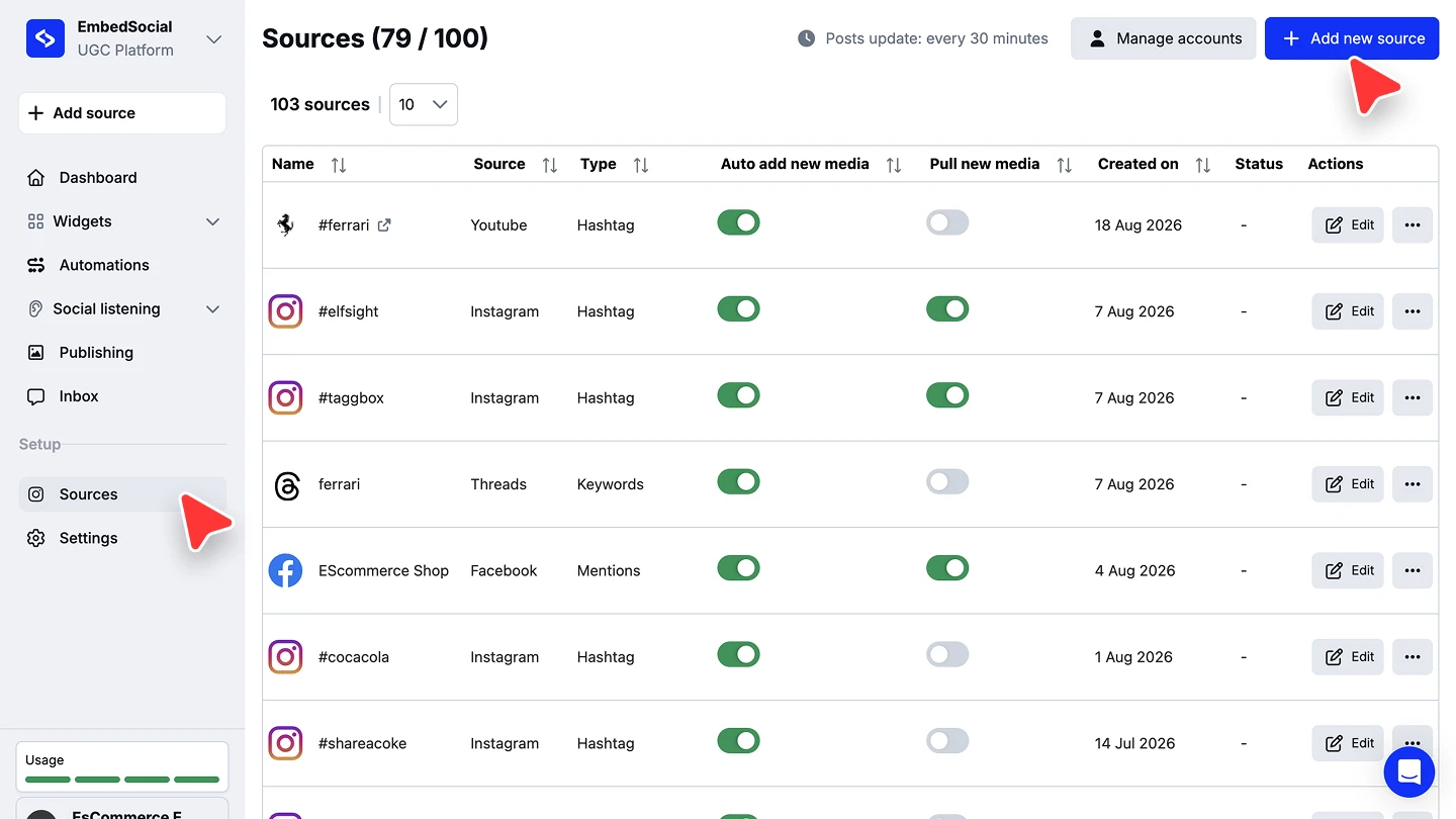 The Sources page in EmbedSocial with the Add new source button highlighted