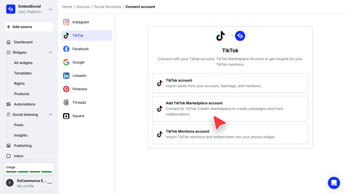 Add TikTok Marketplace accountのオプションが表示されたTikTokの接続画面