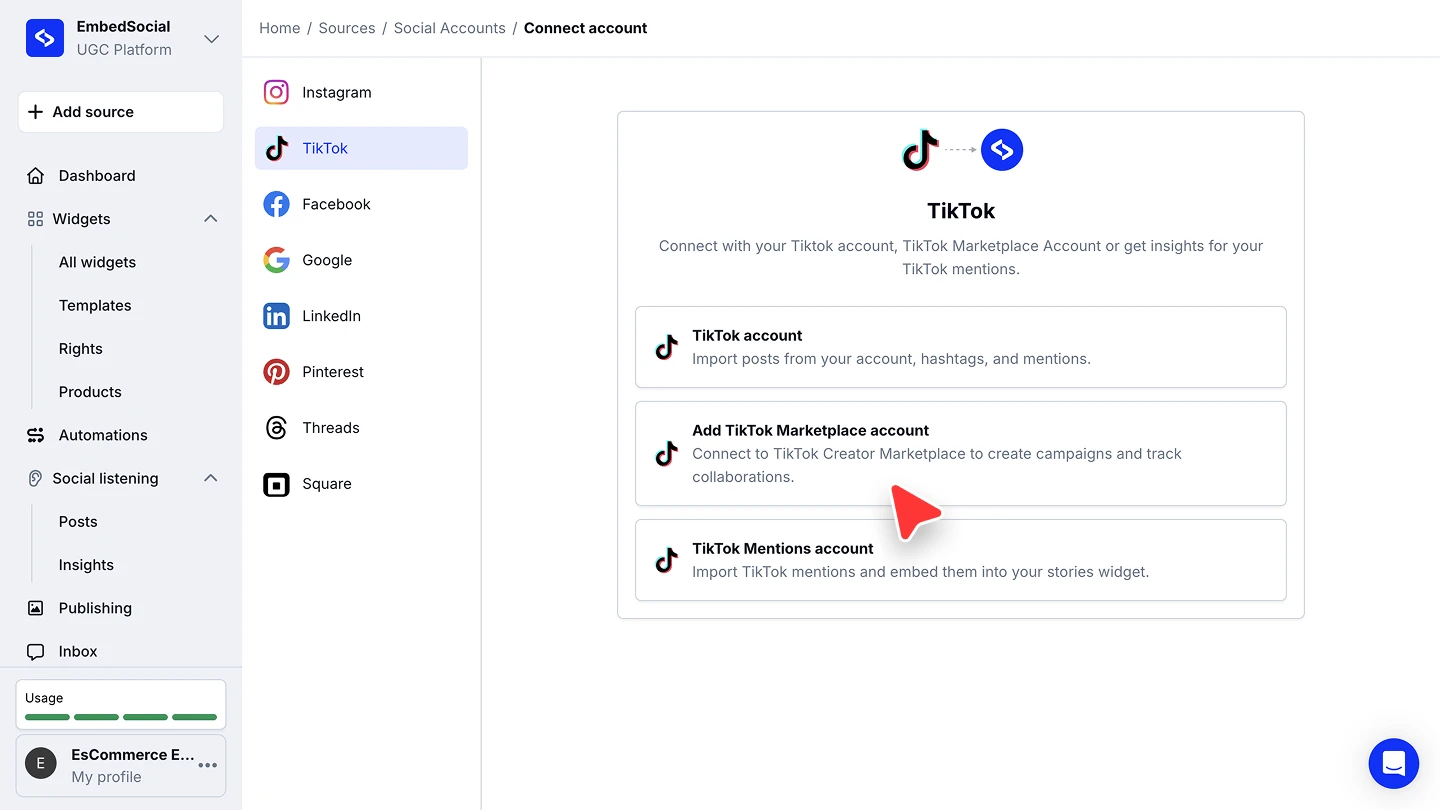 The TikTok connect screen with the Add TikTok Marketplace account option