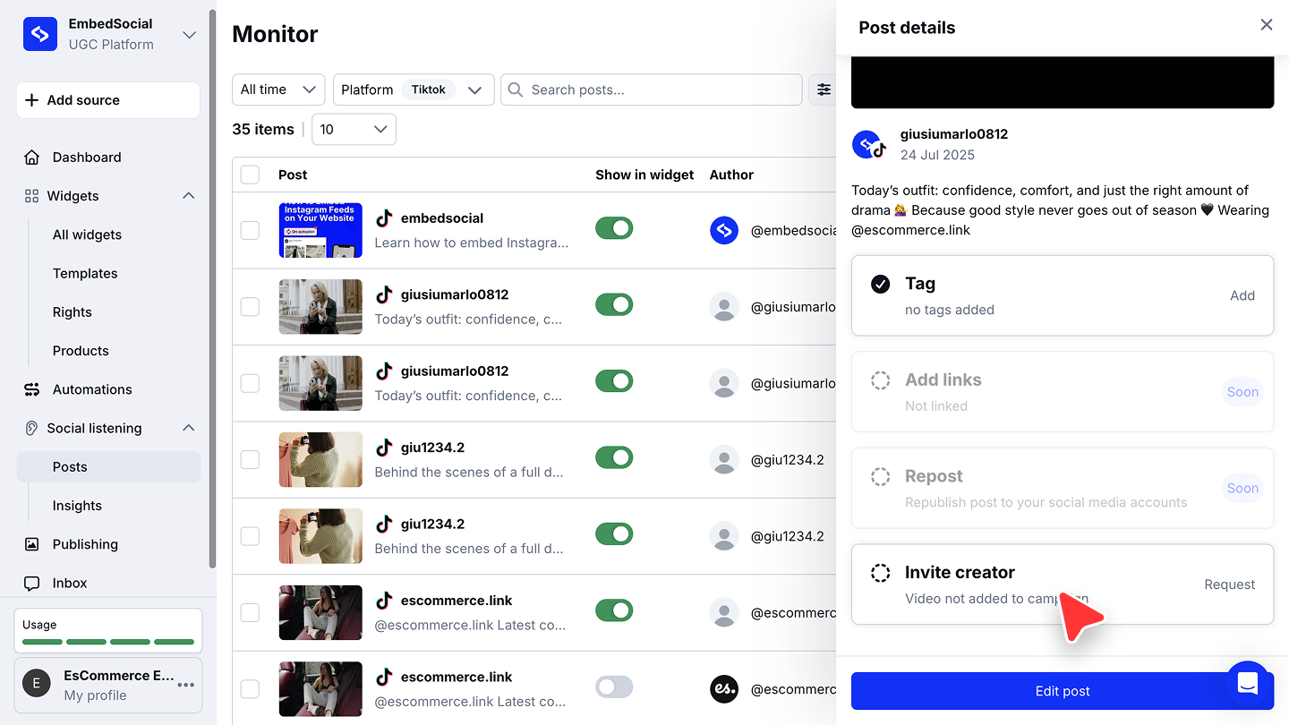 Invite creatorのオプションが表示されたTikTokのメンション投稿の詳細パネル