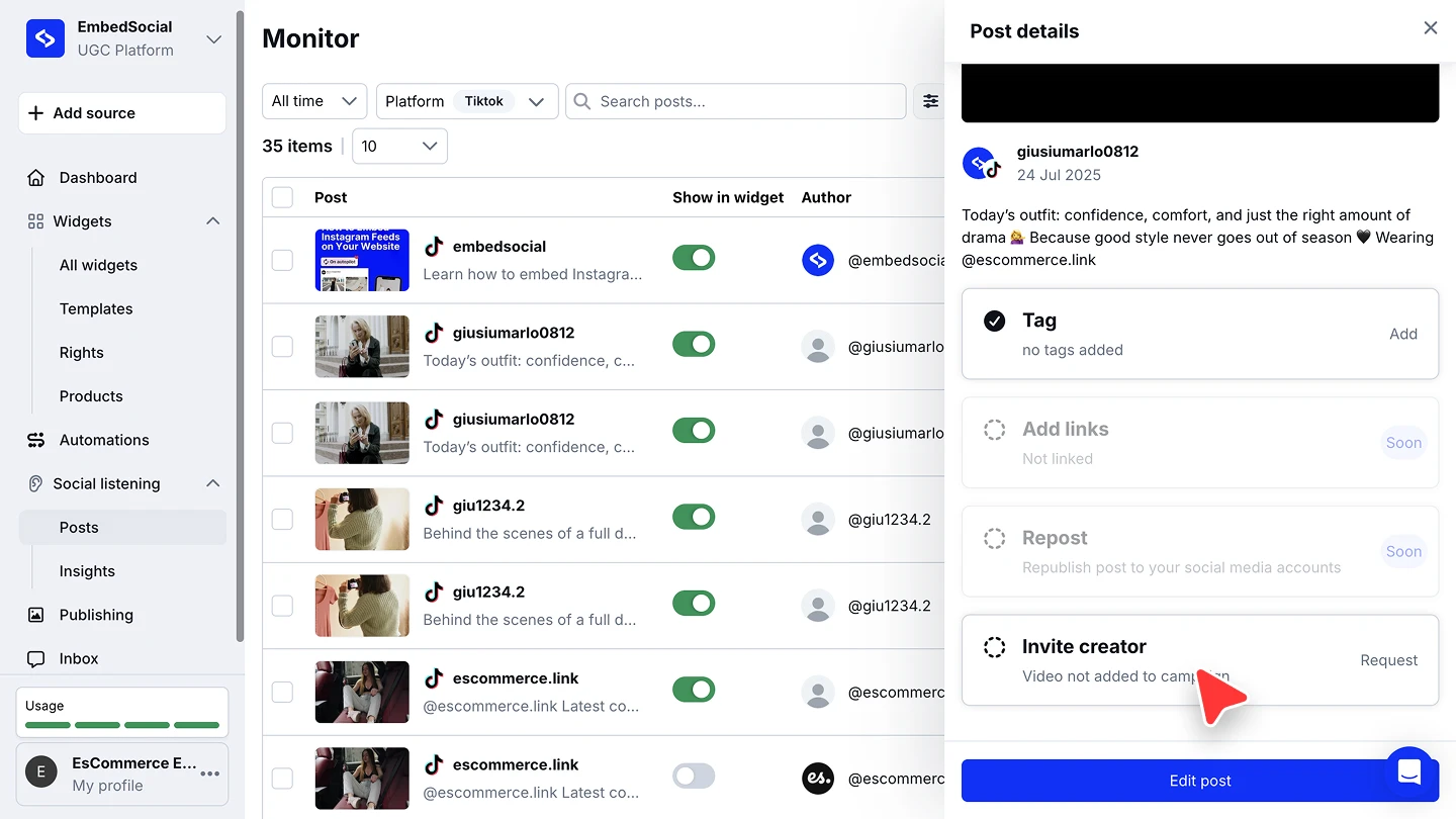 The post details panel of a TikTok mention with the Invite creator option