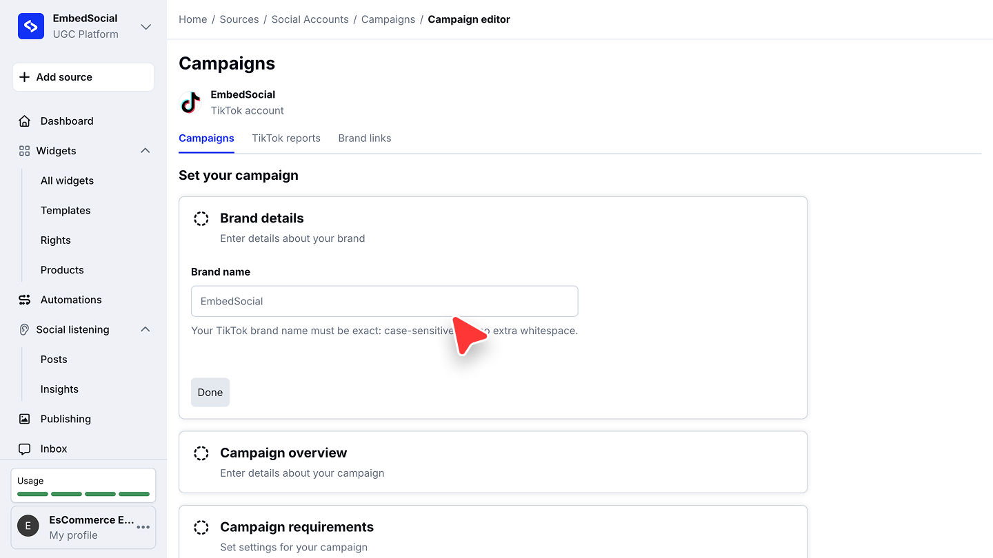 Brand details、Campaign overview、Campaign requirementsのセクションが表示されたキャンペーンの編集画面