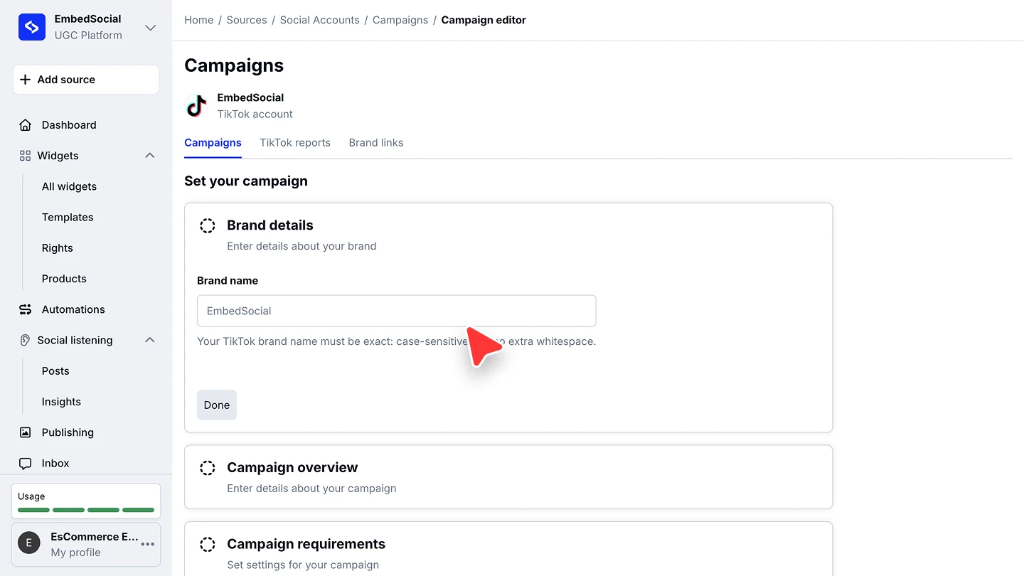 The campaign editor with the Brand details, Campaign overview, and Campaign requirements sections
