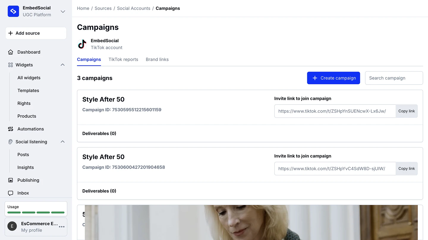 The Campaigns page listing campaigns with their invite links