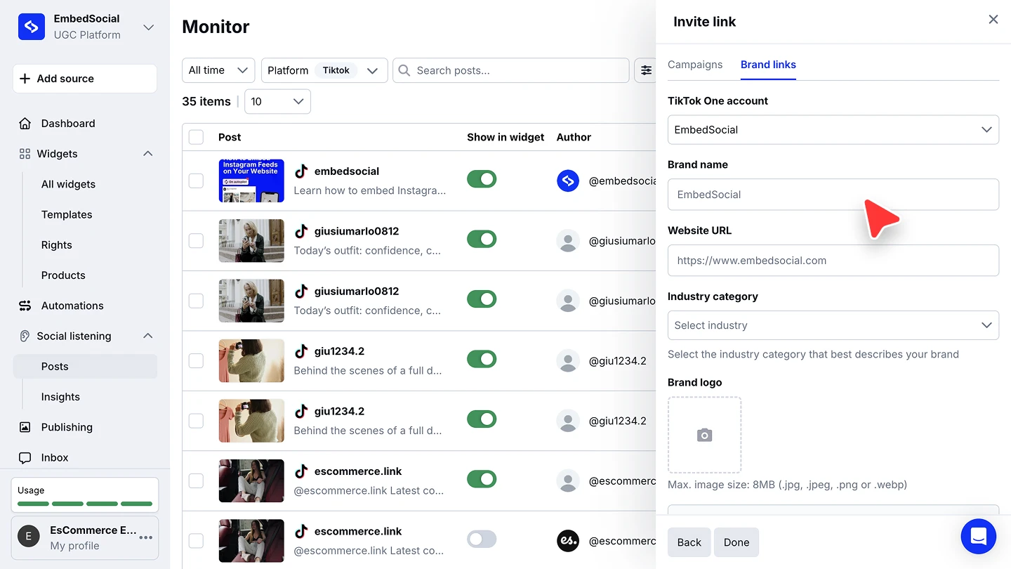 The Brand links tab with the brand details form