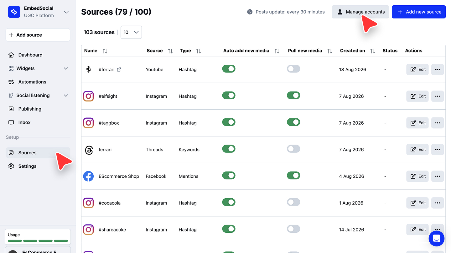Manage accountsボタンが強調表示されたSourcesページ