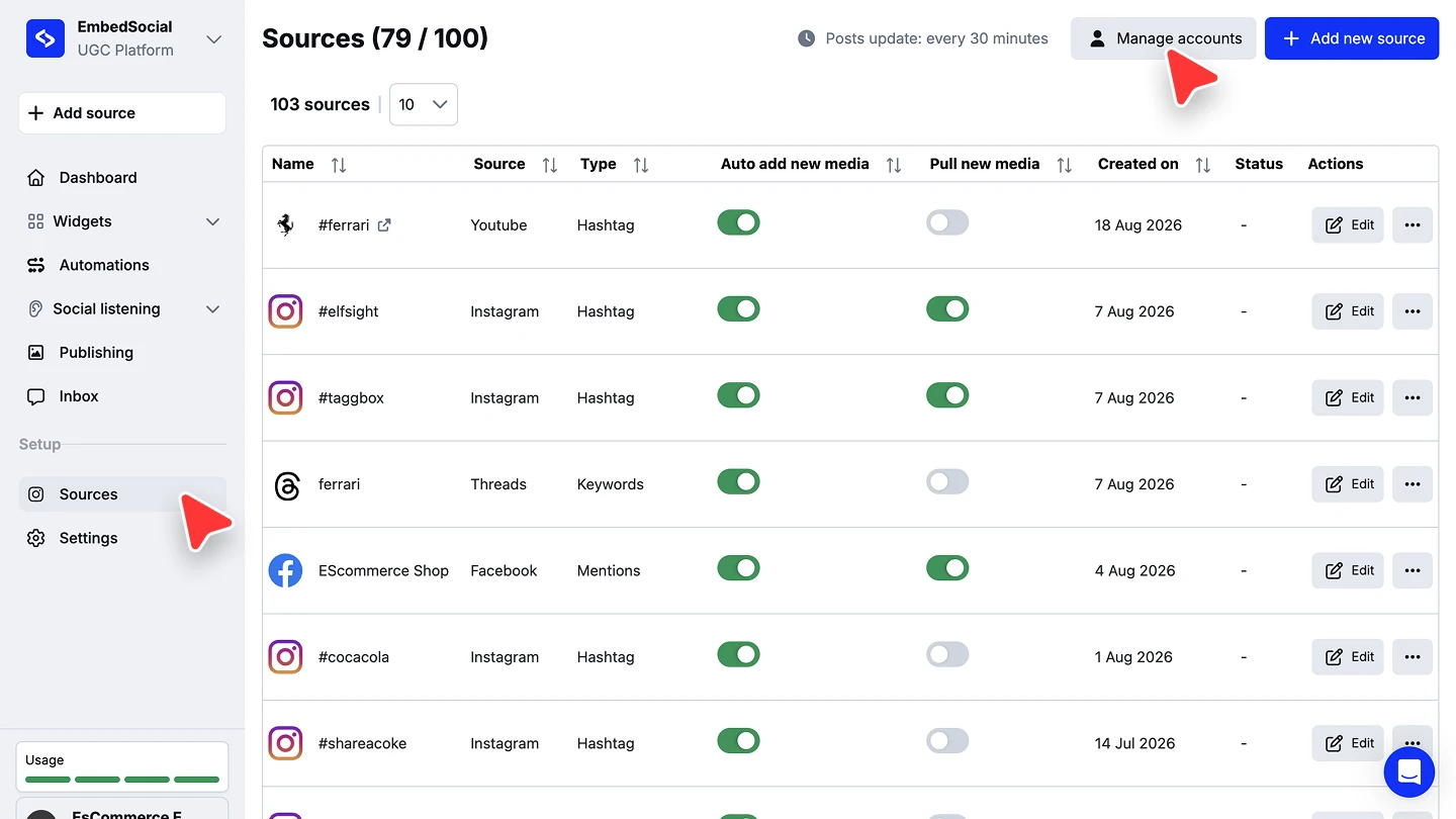 The Sources page with the Manage accounts button highlighted