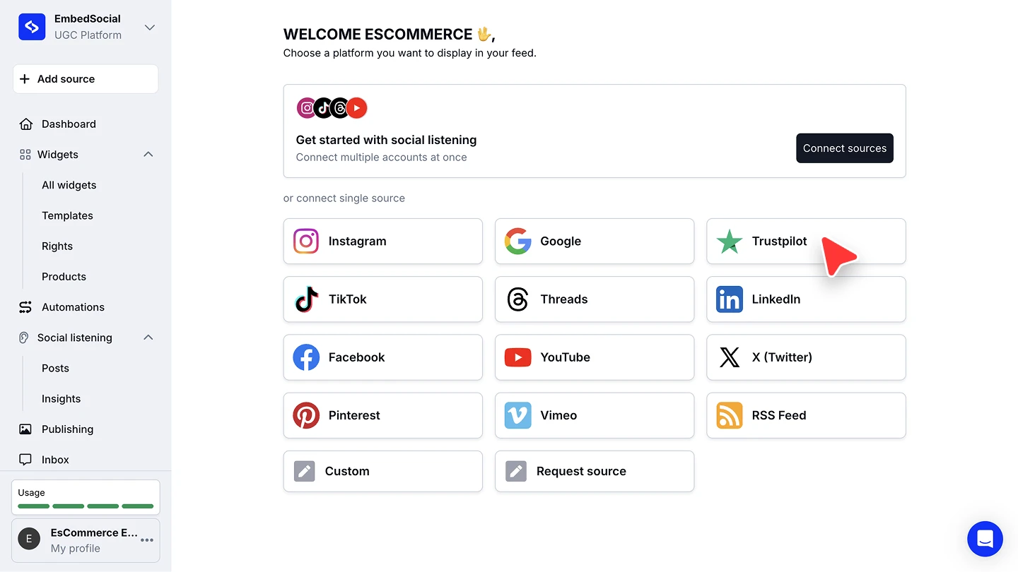 The platform picker with Trustpilot among Instagram, Google, TikTok, Threads, LinkedIn and the other available sources