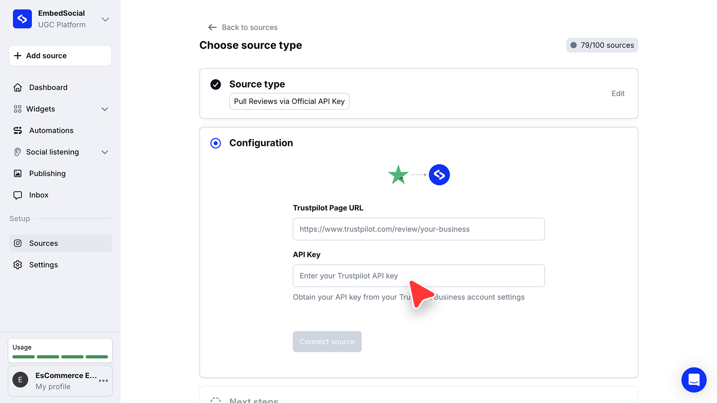 Trustpilot Page URLとAPI KeyのフィールドとConnect sourceボタンが表示されたConfigurationステップ