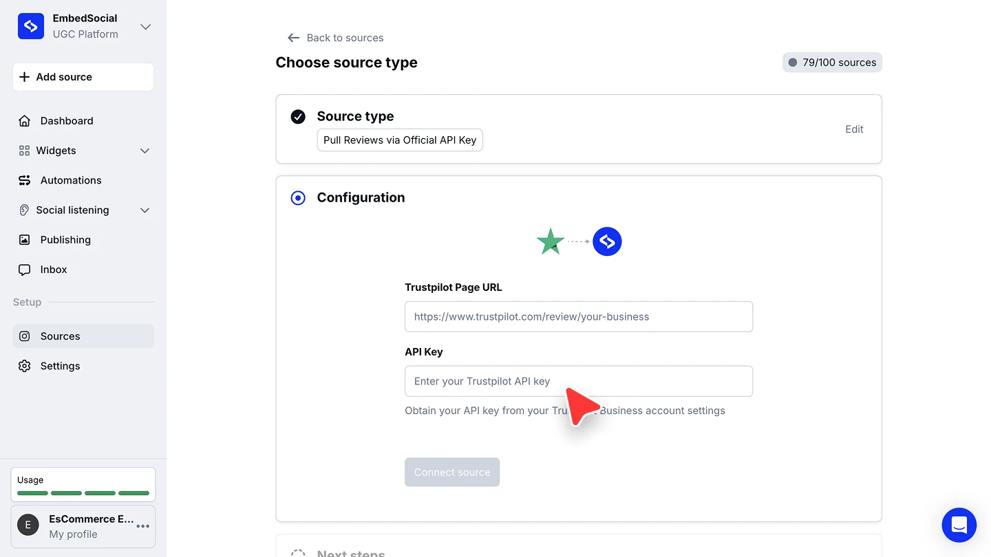 The Configuration step with the Trustpilot Page URL and API Key fields and the Connect source button