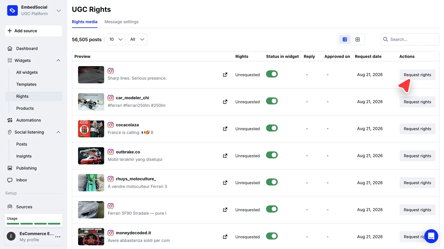 The Rights media list with the rights status per post and the Request rights button on each row