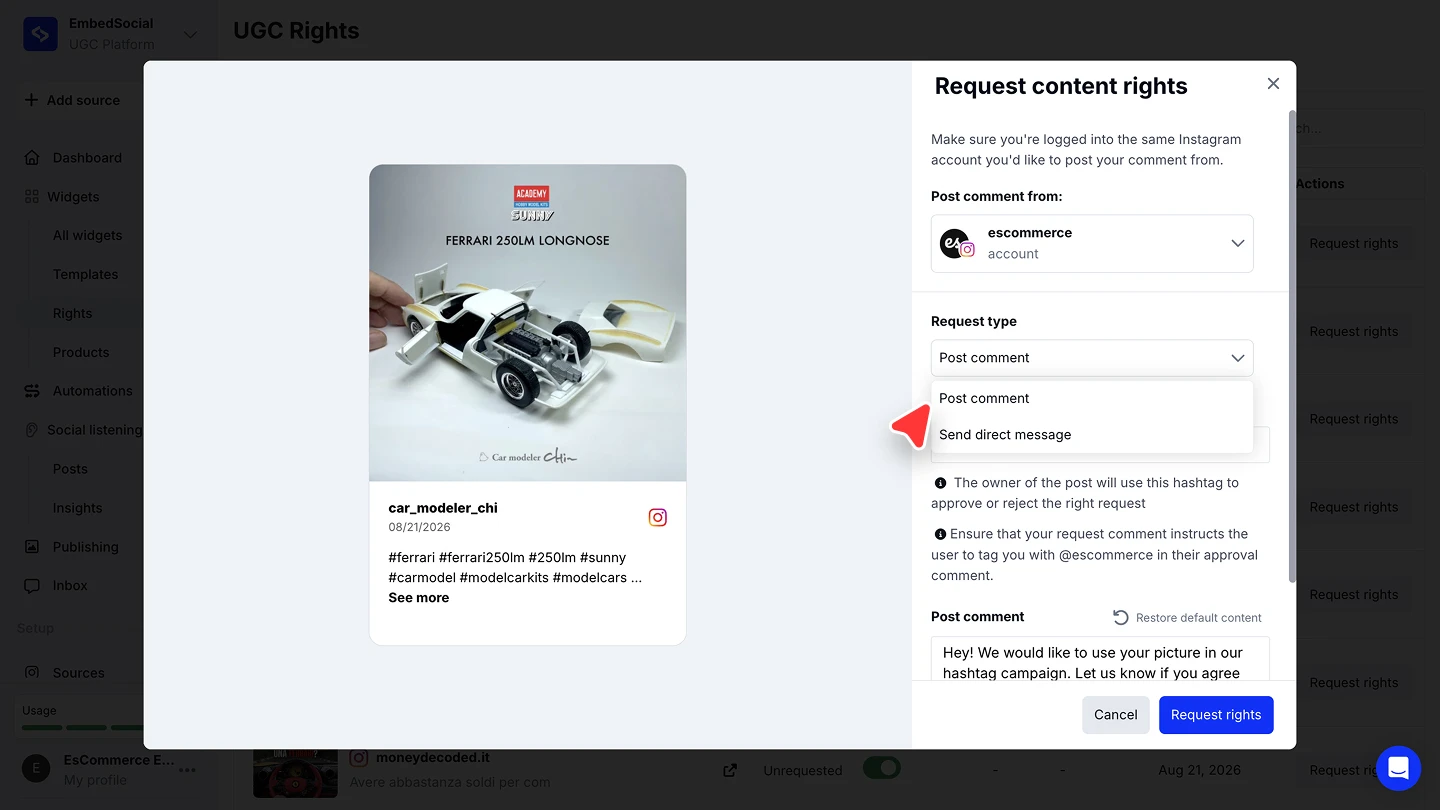 The Request content rights panel with the Request type dropdown open, showing Post comment and Send direct message