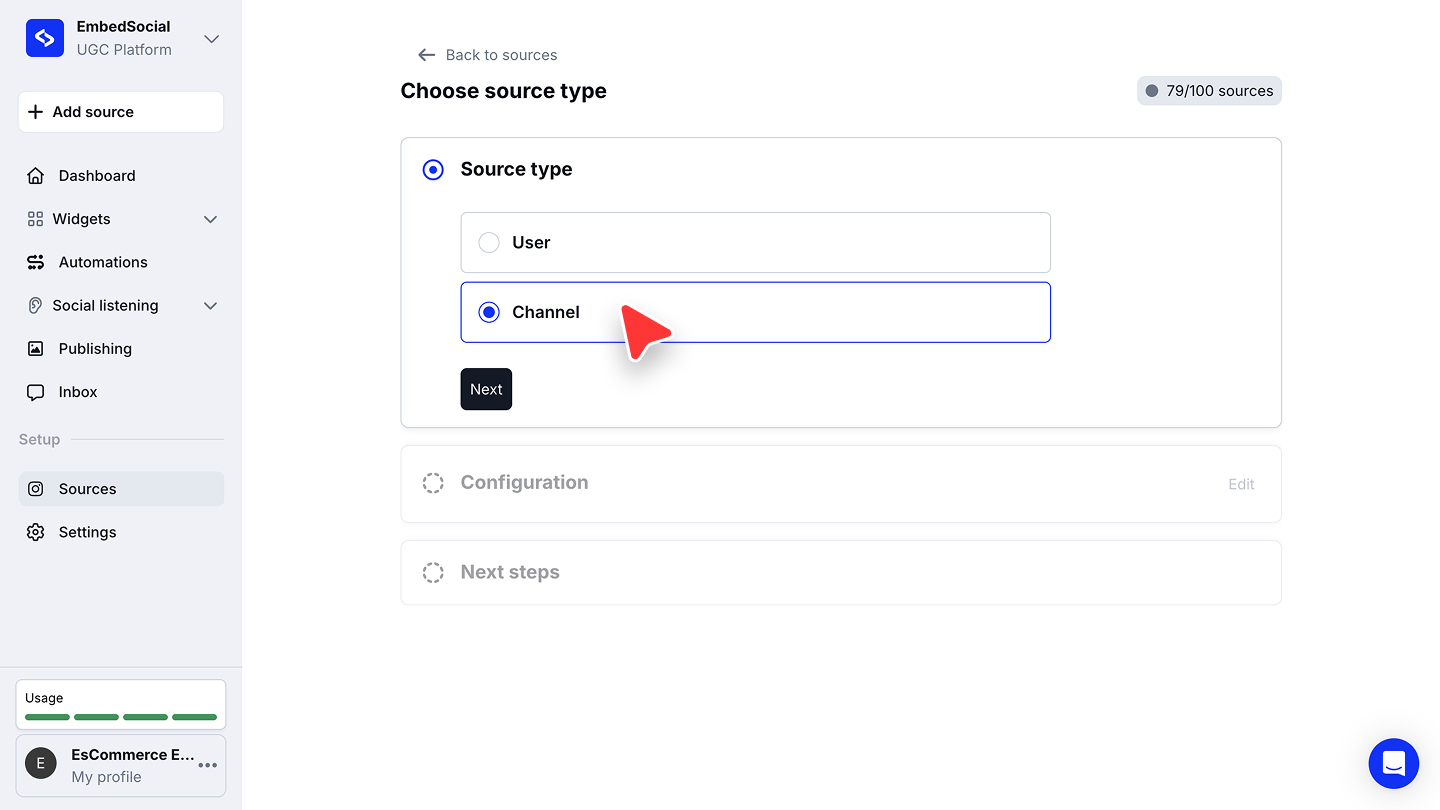 UserとChannelが表示され、Channelが選択されたChoose source typeのステップ