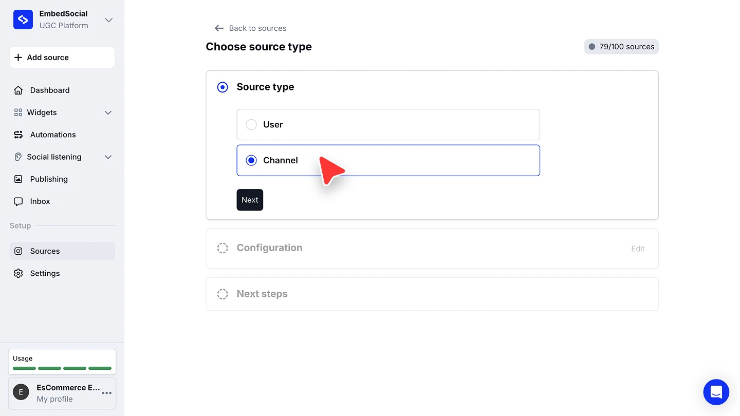 The Choose source type step with User and Channel, and Channel selected