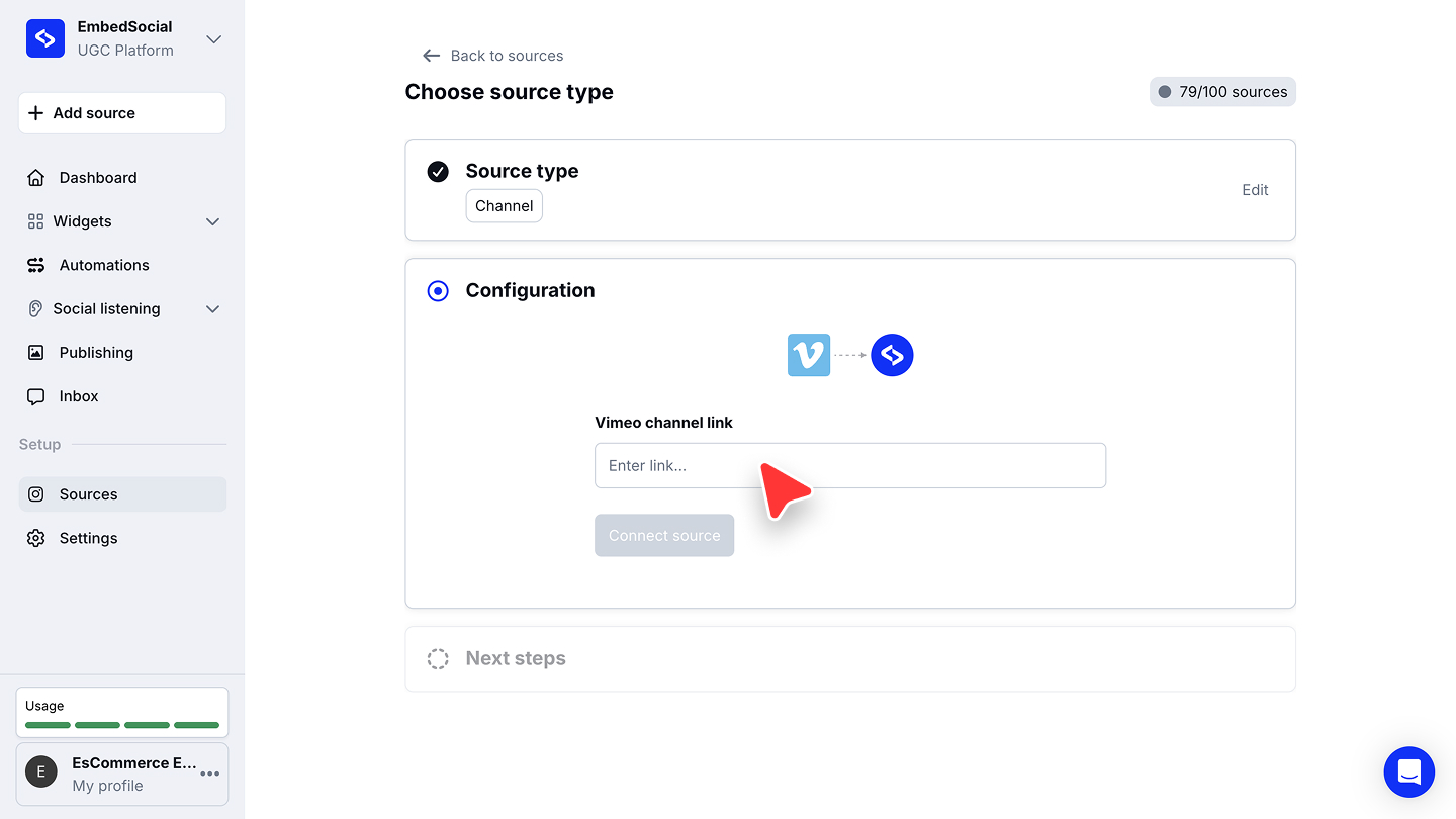 Vimeo channel linkフィールドとConnect sourceボタンが表示されたConfigurationステップ