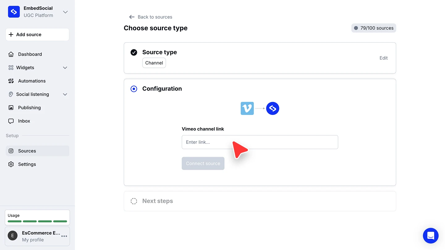 The Configuration step with the Vimeo channel link field and the Connect source button