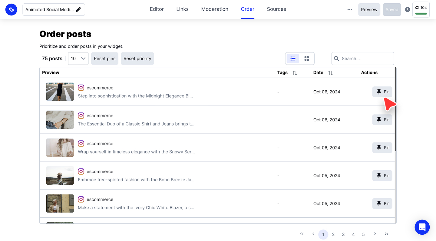 各行にPinボタンが表示されたOrder postsのページ