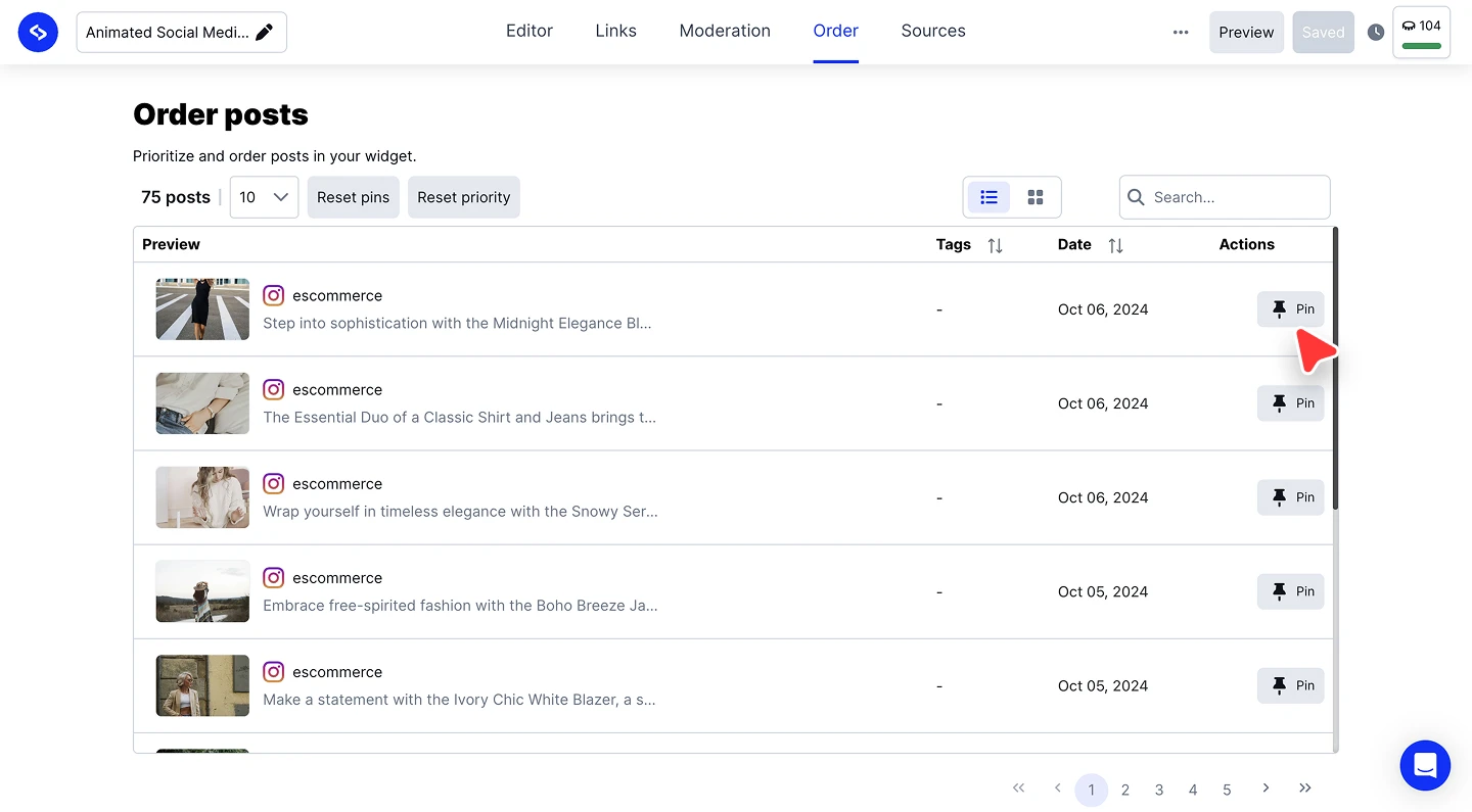 The Order posts page listing the widget's posts with a Pin button on each row