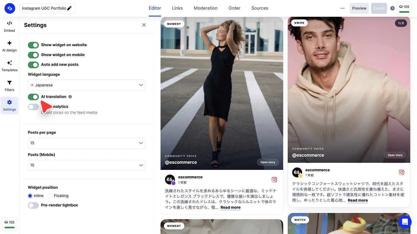 The Settings panel with visibility toggles, widget language, AI translation, feed analytics, paging, and widget position