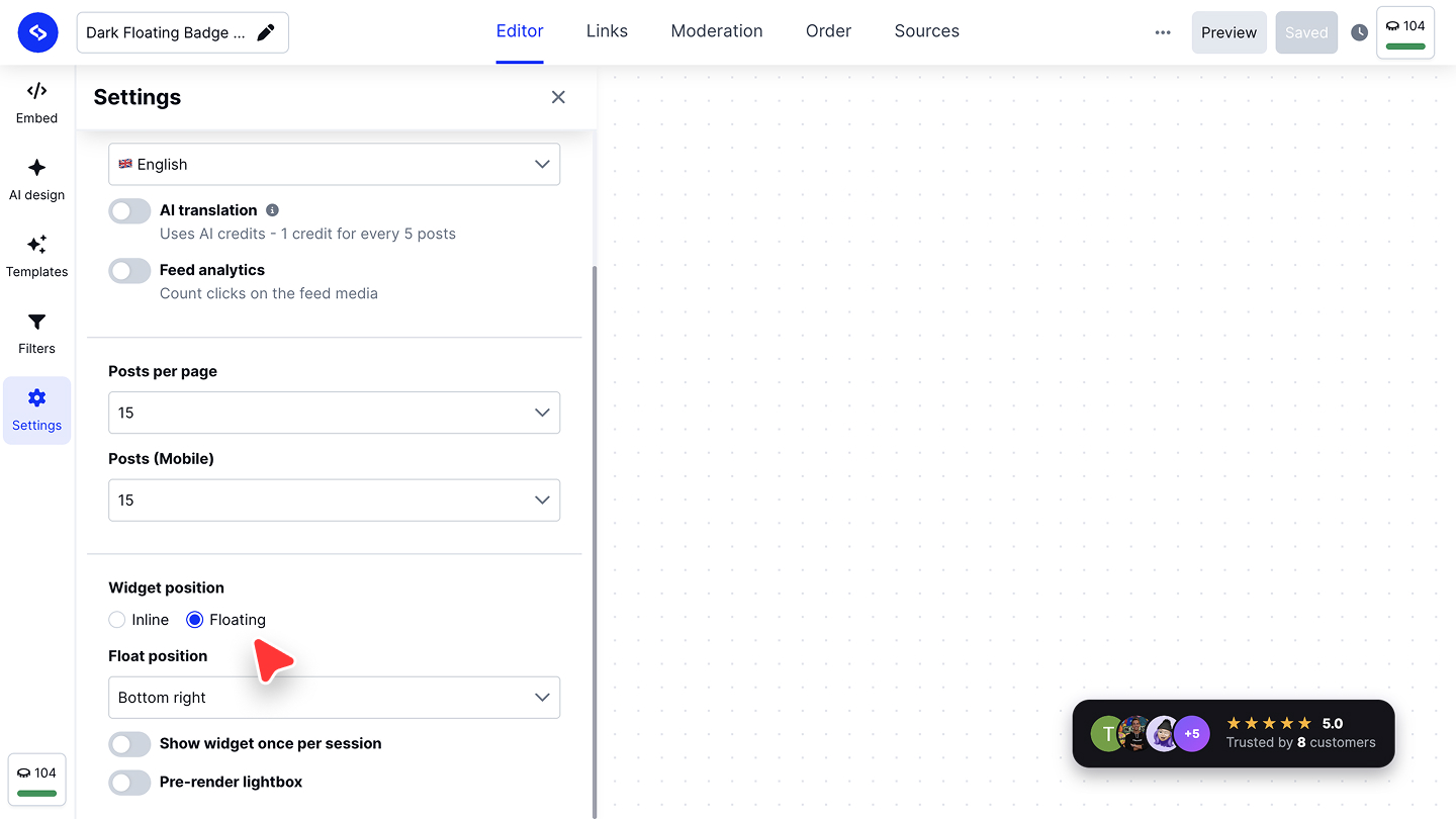 Widget positionがFloating、Float positionがBottom rightに設定され、プレビューでバッジがフローティング表示されている設定パネル