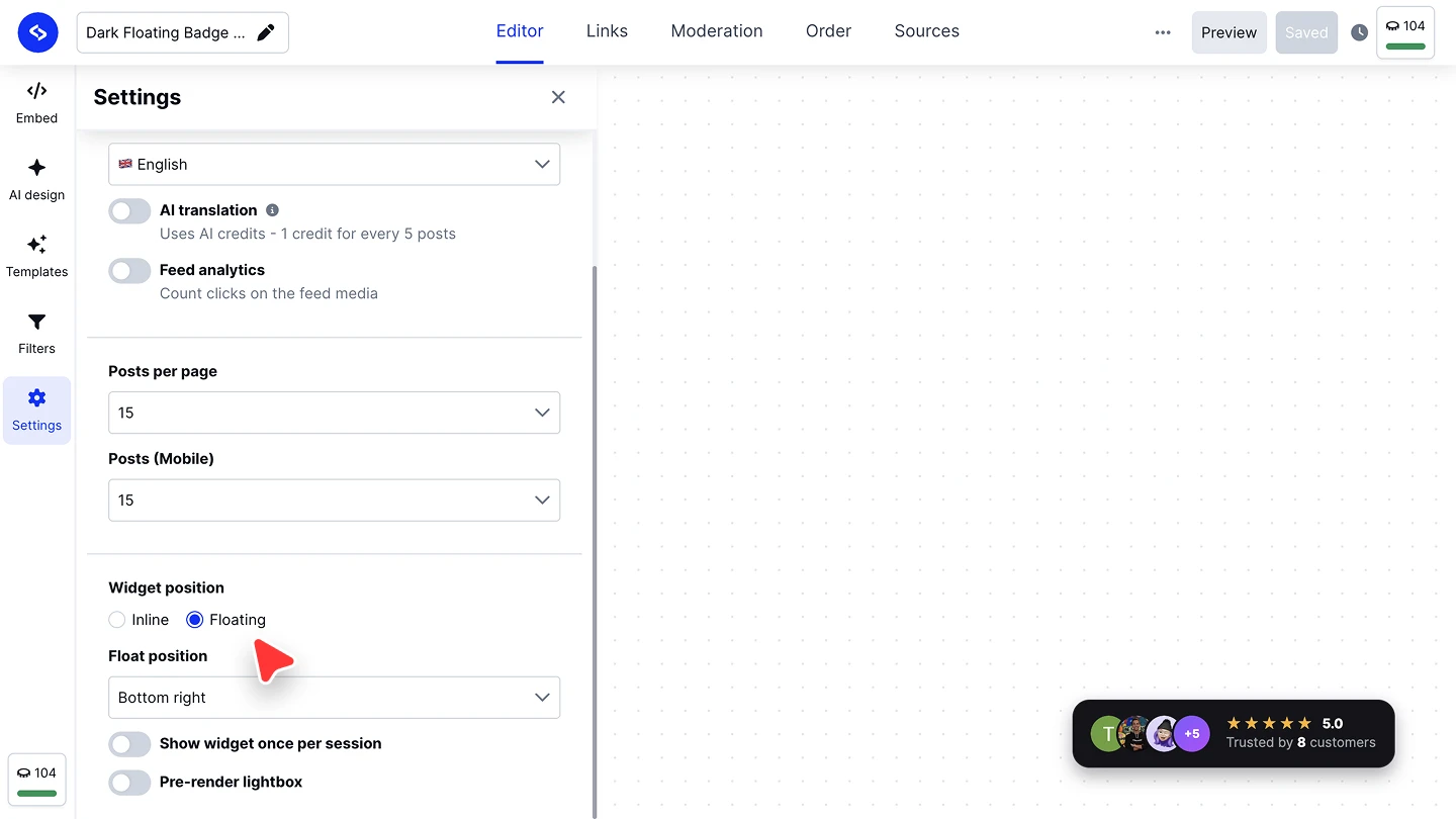 The Settings panel with Widget position set to Floating, the Float position dropdown on Bottom right, and the badge floating in the preview
