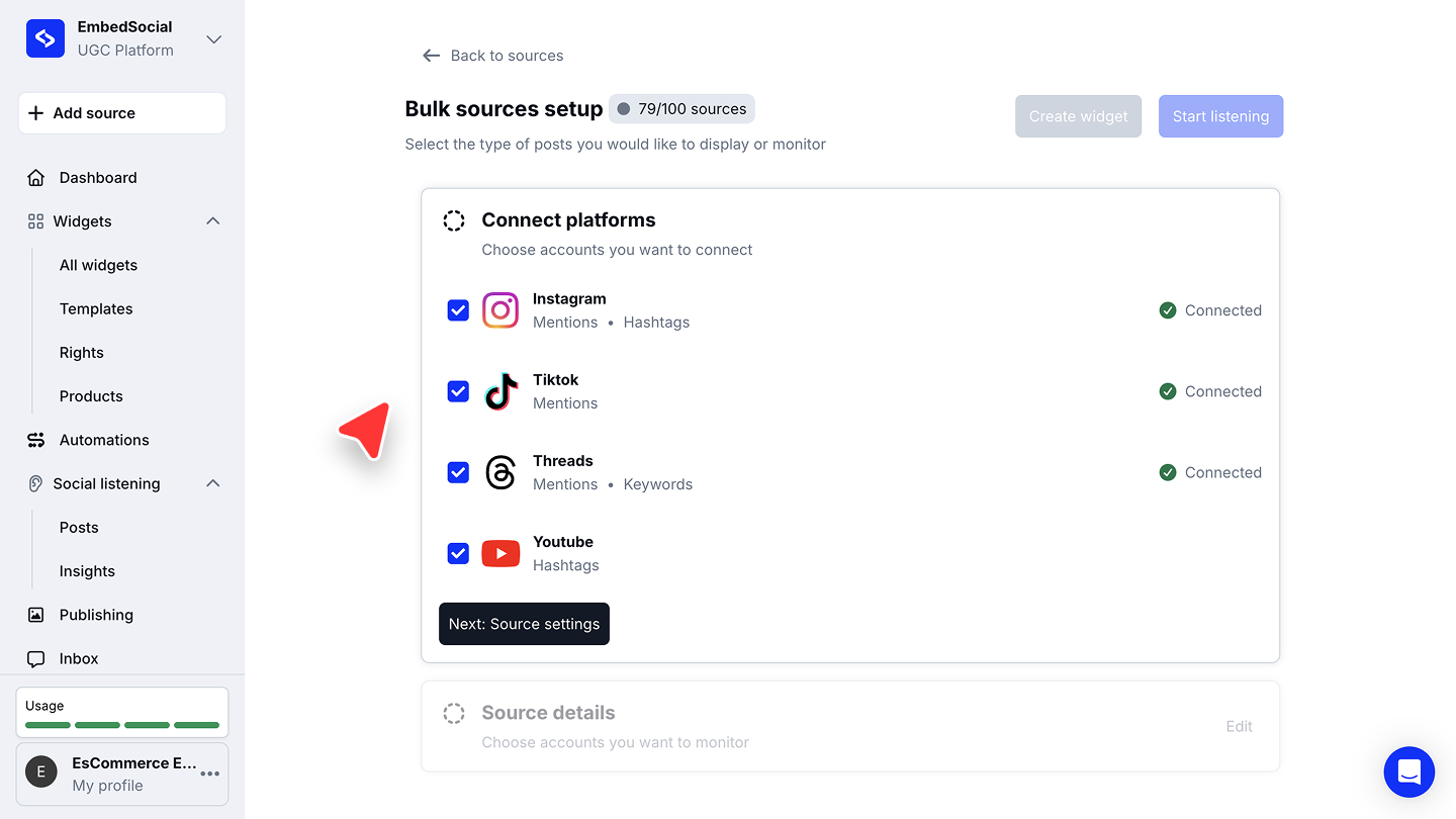 Instagram、TikTok、Threads、YouTubeを選択したBulk sources setupの画面