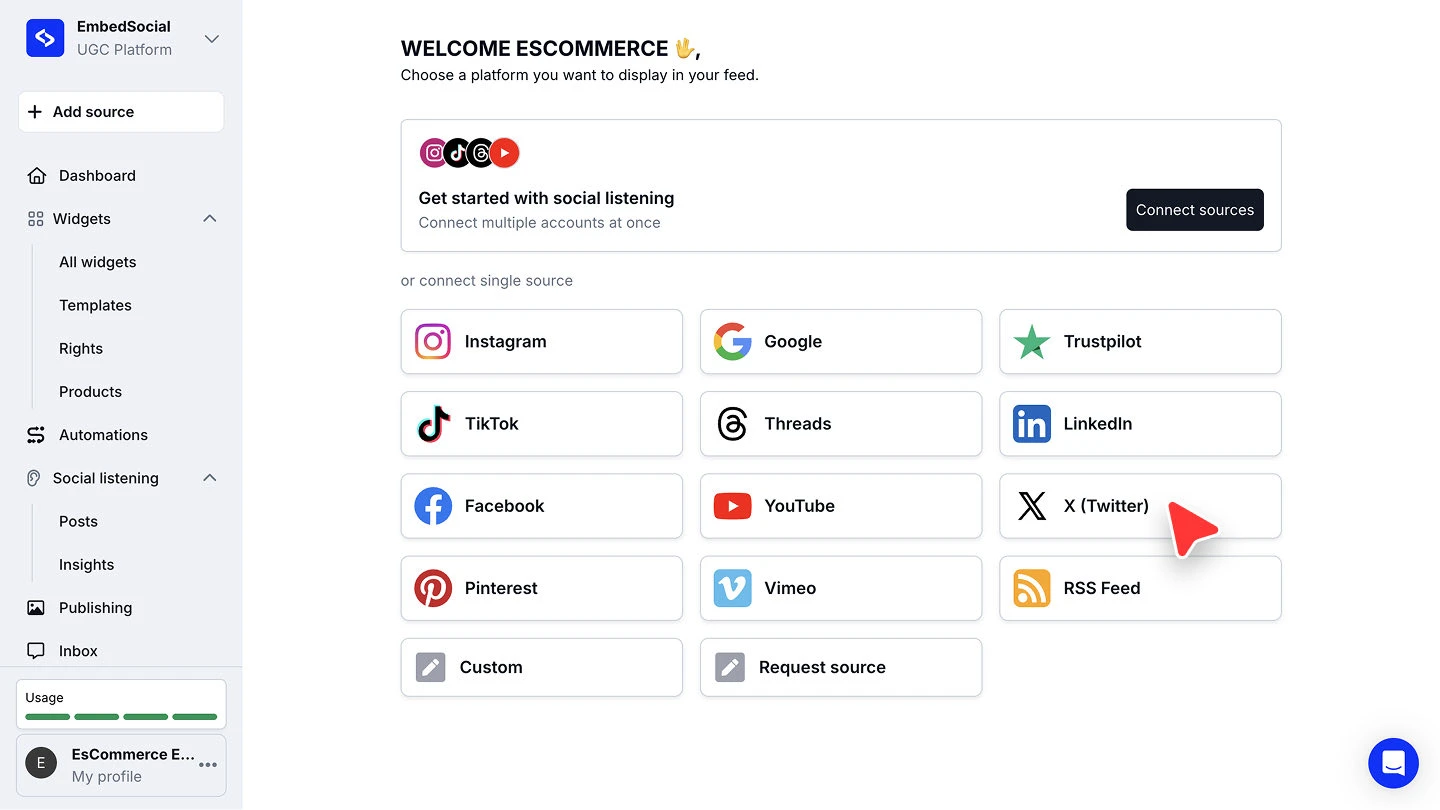 The platform picker showing X (Twitter) alongside Instagram, Google and the other available sources
