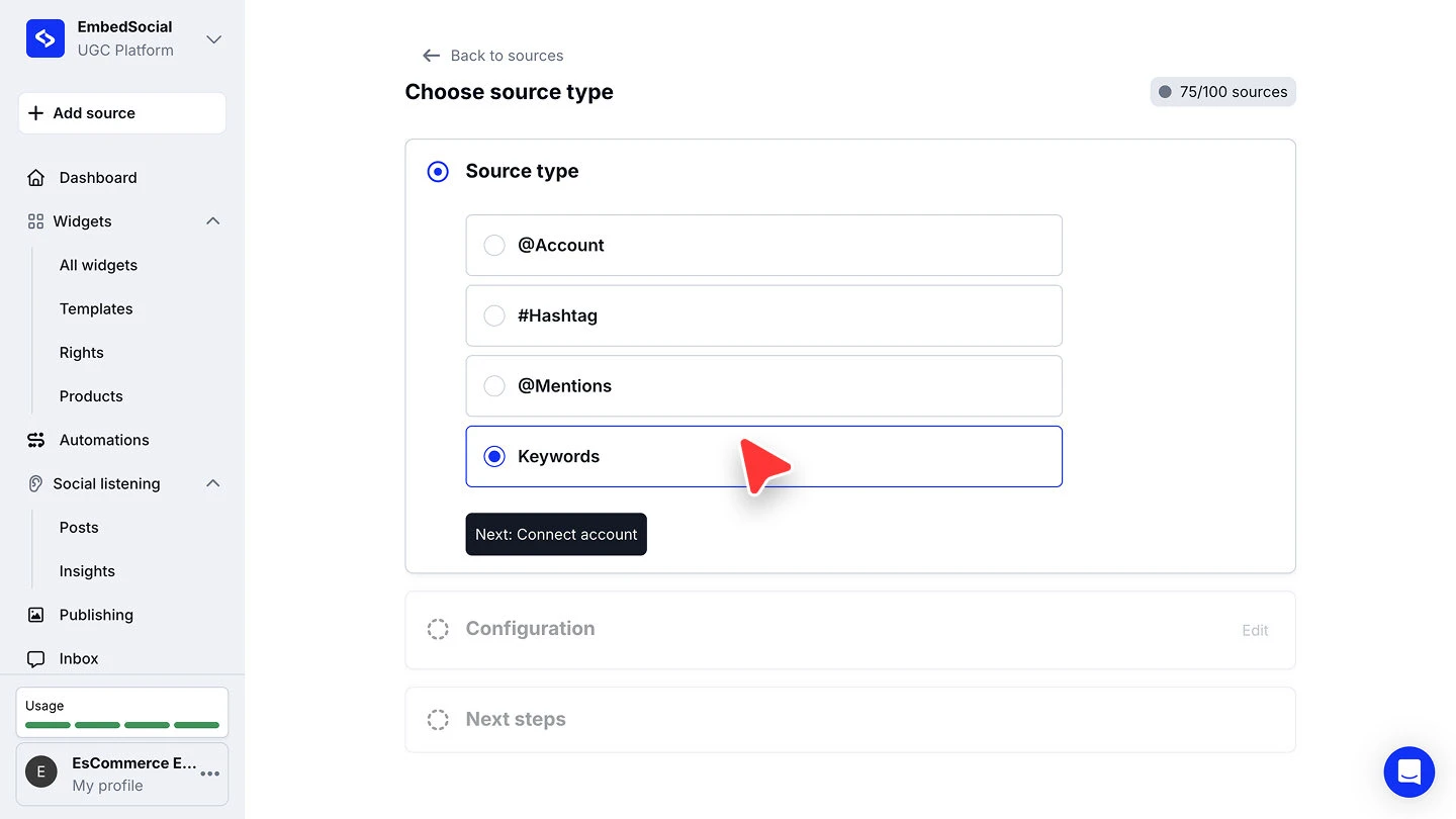 The Choose source type screen with Account, Hashtag, Mentions and Keywords as the options