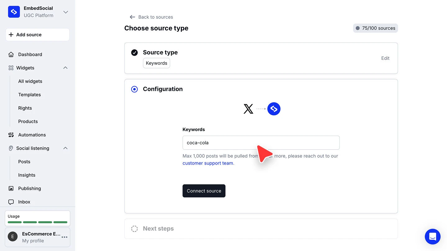 The Configuration step for a Keywords source on X