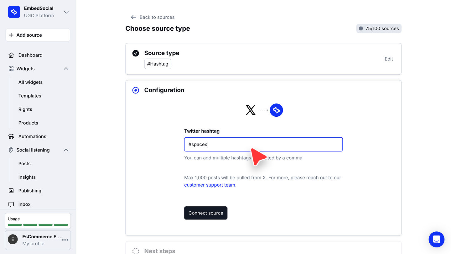 XのハッシュタグソースのConfigurationステップ