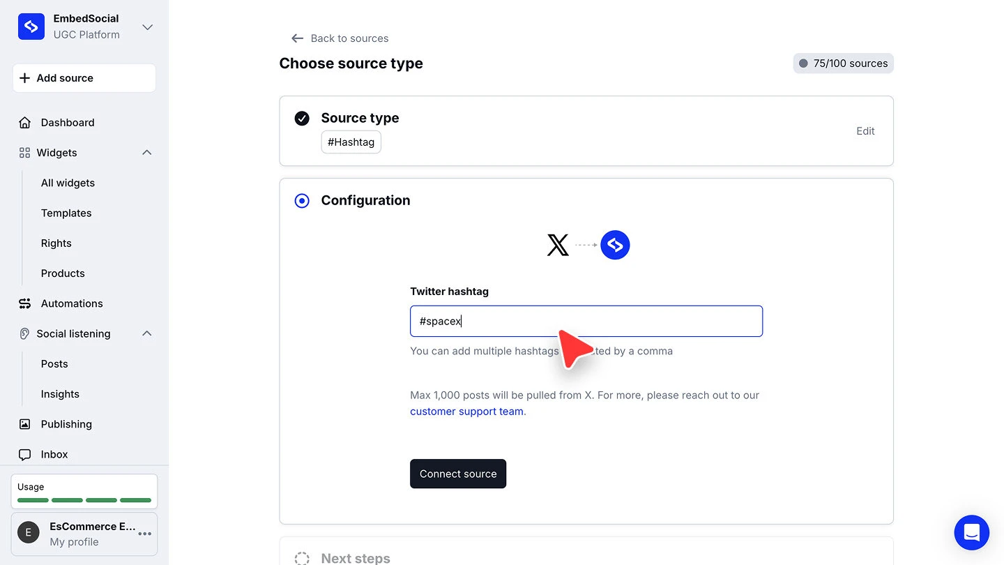 The Configuration step for a hashtag source on X