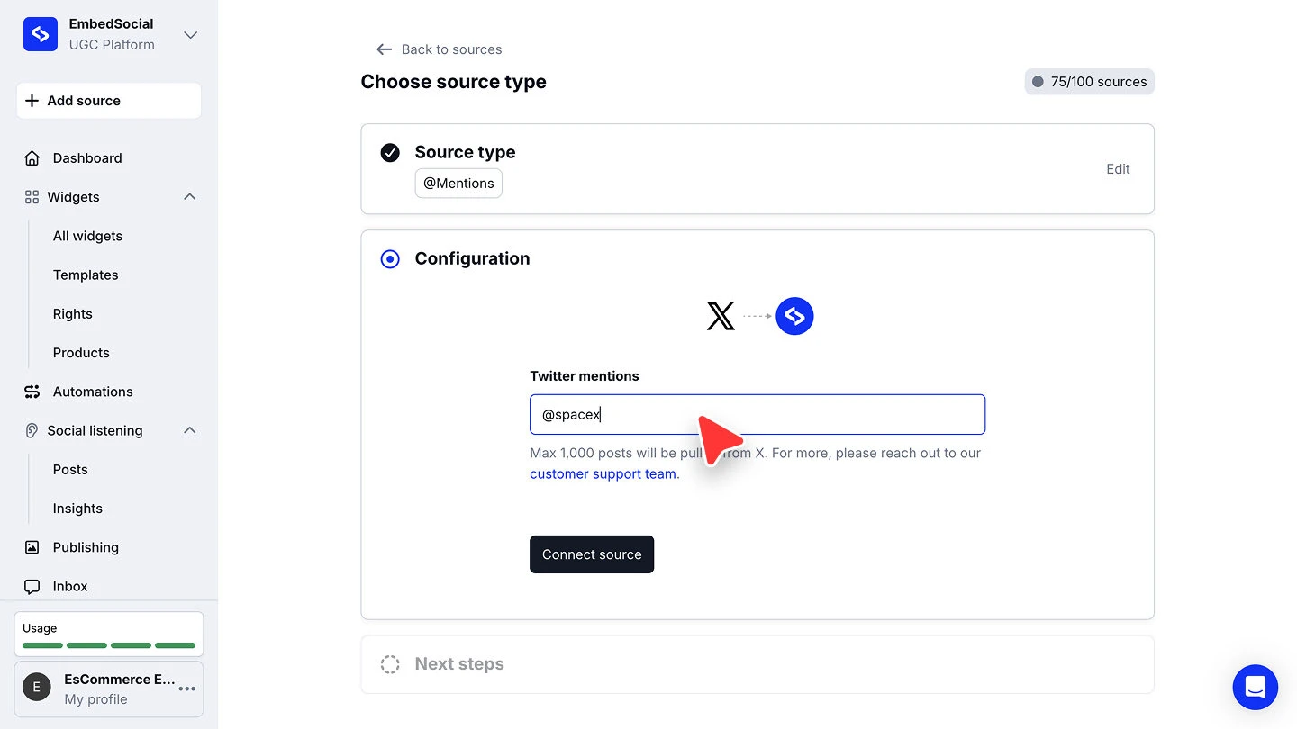 The Configuration step for a mentions source on X