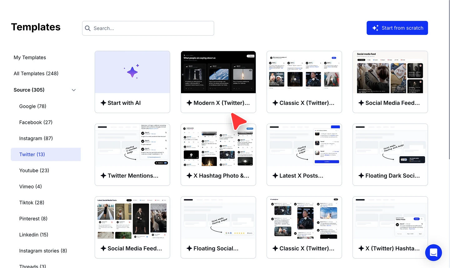 The widget template gallery shown after the X source is connected