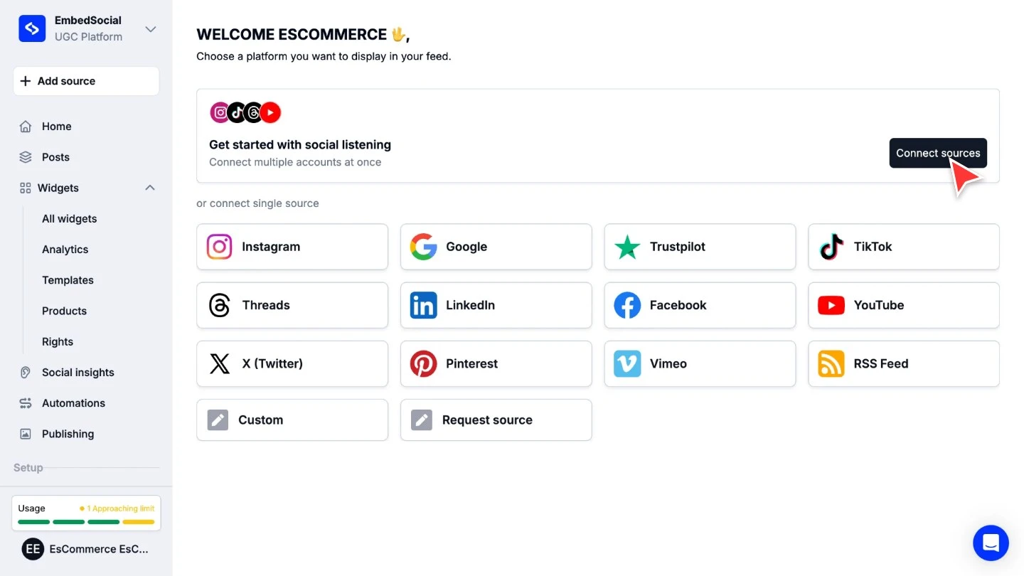 The Add source screen with the Connect sources button under Get started with social listening