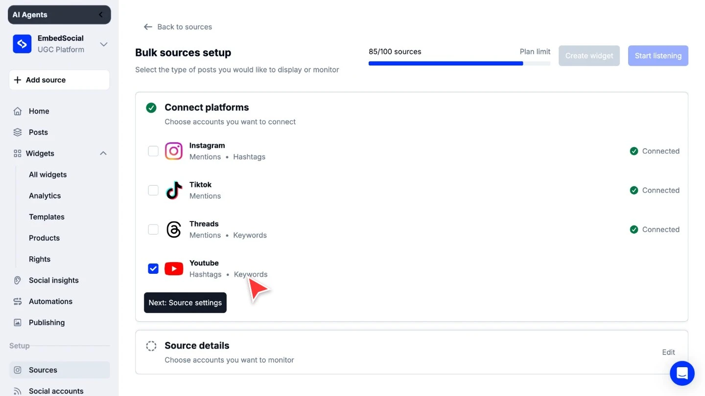 The Connect platforms step with Youtube ticked and its Hashtags and Keywords listening types shown under it