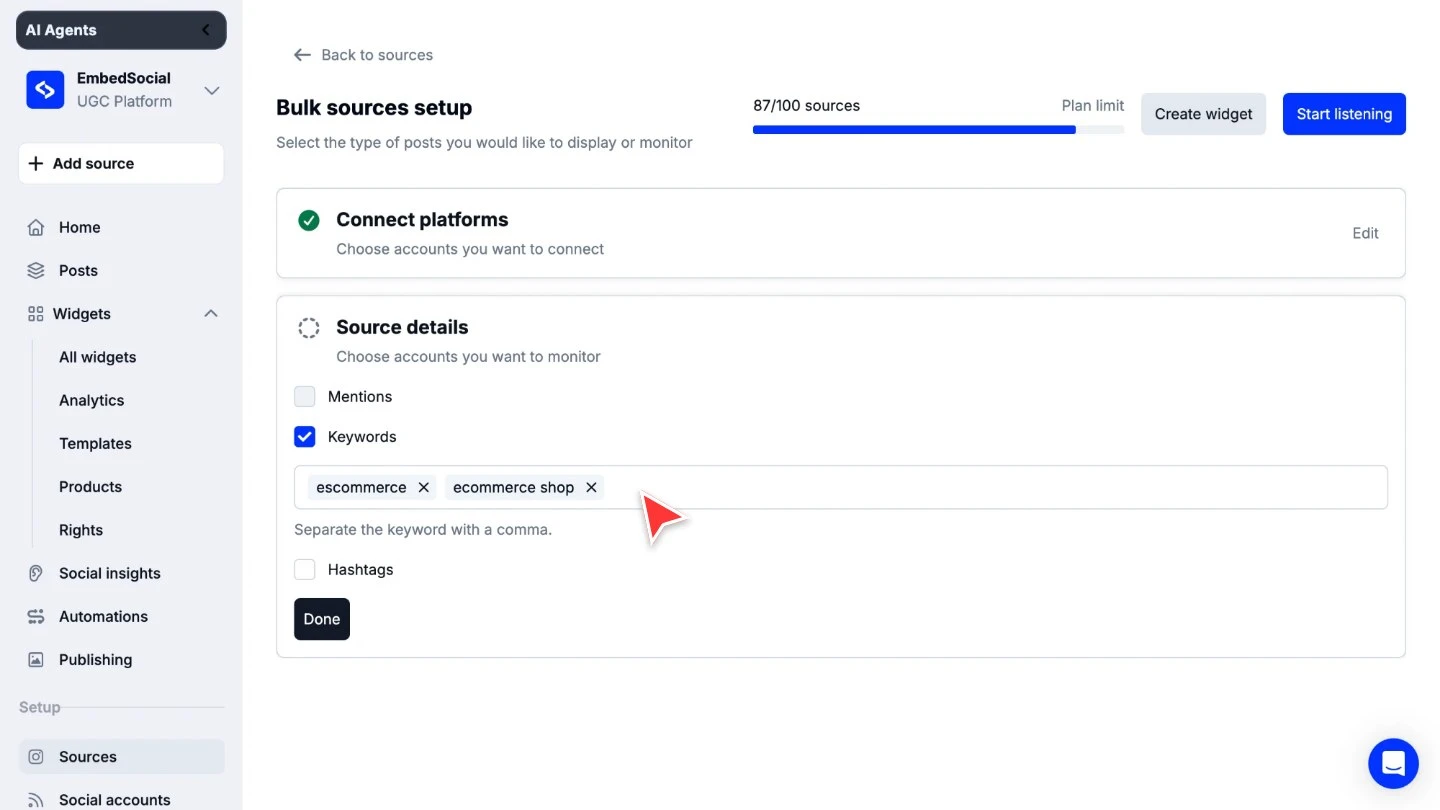 The Source details step with Keywords ticked and the keywords escommerce and ecommerce shop entered in the field